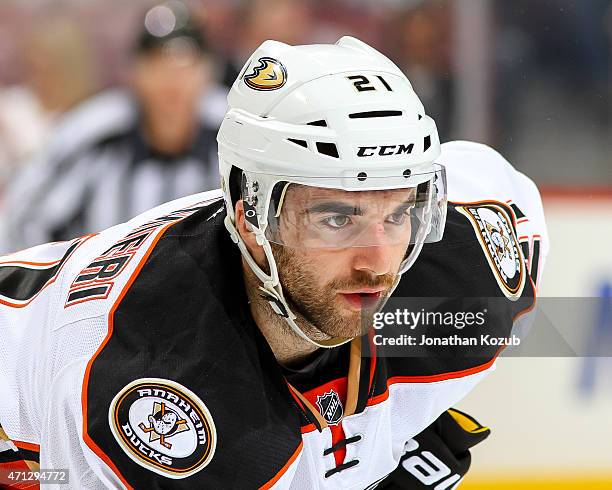 Kyle Palmieri of the Anaheim Ducks looks on during first-period action against the Winnipeg Jets in Game Three of the Western Conference...