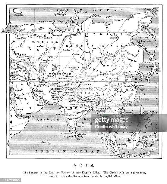 karte von asien mit entfernung von london (aus 1882). - insel sumatra stock-grafiken, -clipart, -cartoons und -symbole