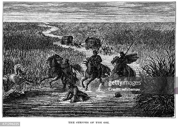 stockillustraties, clipart, cartoons en iconen met the obi steppes, siberia (1882) - hooligan