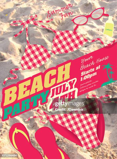 pink bikini and sand beach party template invitation design - spring break party stock illustrations