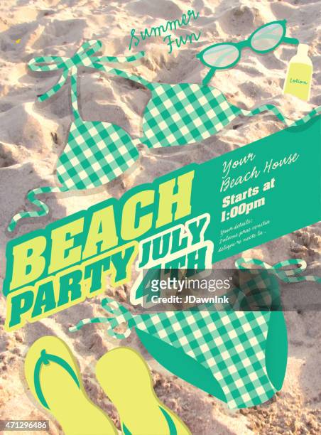 green bikini and sand beach party template invitation design - spring break stock illustrations