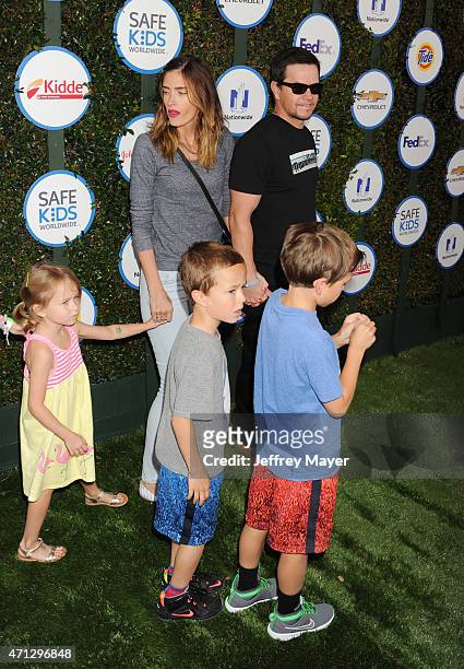 Actor Mark Wahlberg, wife, model Rhea Durham and their children attend the Safe Kids Day presented by Nationwide at The Lot on April 26, 2015 in West...