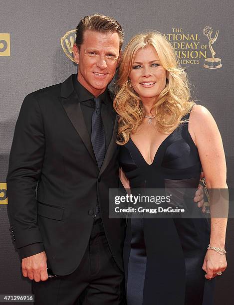 Actress Alison Sweeney and husband David Sanov arrive at the 42nd Annual Daytime Emmy Awards at Warner Bros. Studios on April 26, 2015 in Burbank,...