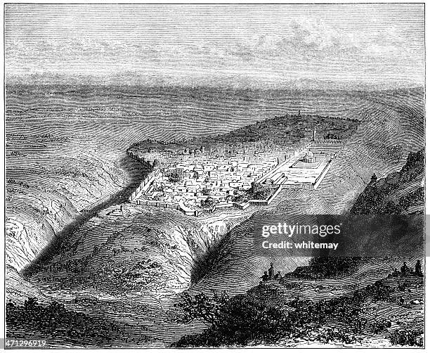 bird's-eye view of old jerusalem from the south-east - historical palestine stock illustrations