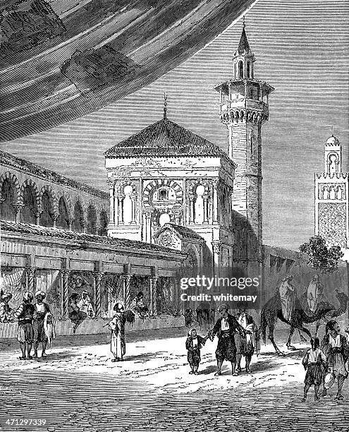 bazaar in tunis (1882 engraving) - casbah stock illustrations
