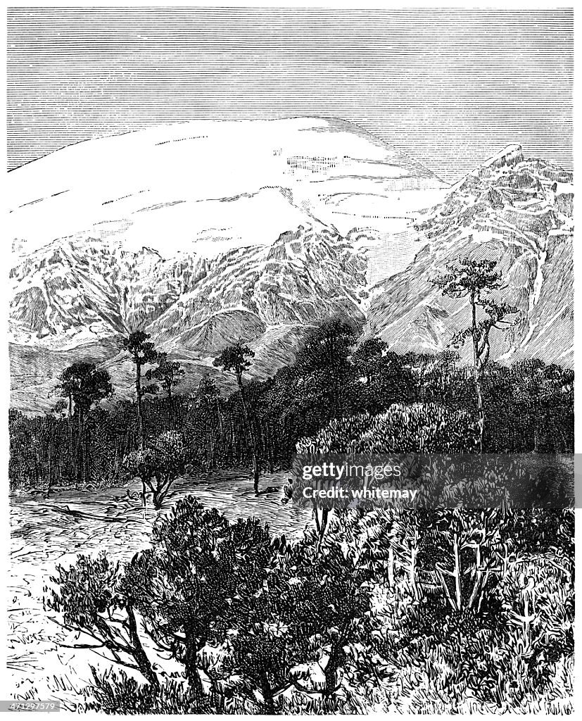 Popocatepetl - volcano in Mexico (1882 engraving)