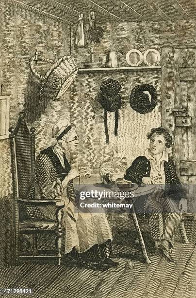 regency era boy and old lady chatting (c1830 engraving) - grandson stock illustrations