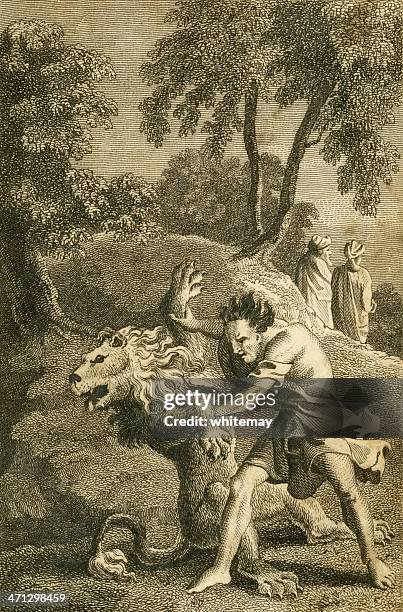 ilustraciones, imágenes clip art, dibujos animados e iconos de stock de samson y el mérito (c1830 grabado - lion-fight-drawing