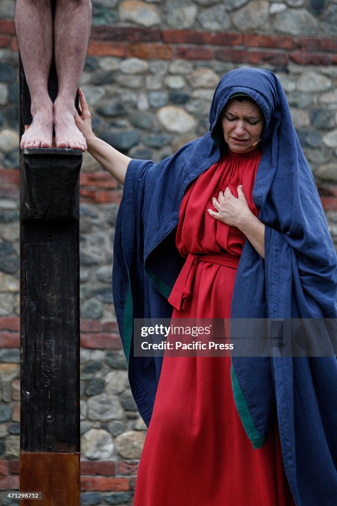 The Virgin Mary at the foot of his son Jesus crucified...