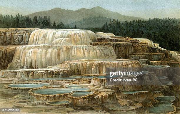 ilustraciones, imágenes clip art, dibujos animados e iconos de stock de yellowstone - mammoth hot springs