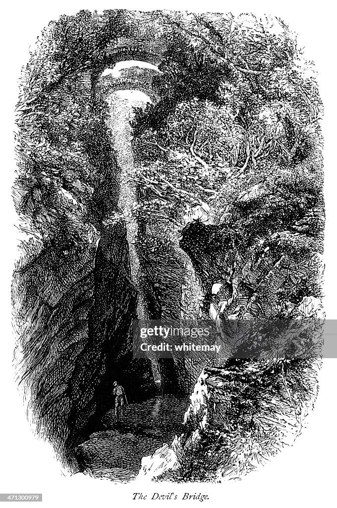 The Devil's Bridge Falls, Mid-Wales (Victorian engraving)