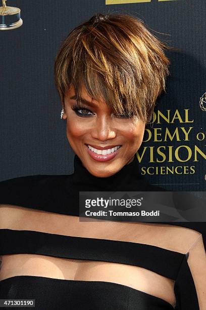 Personality Tyra Banks attends the 42nd annual Daytime Emmy Awards held at Warner Bros. Studios on April 26, 2015 in Burbank, California.