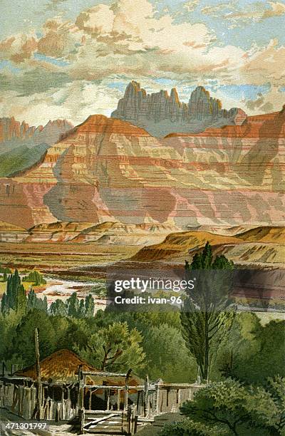 stockillustraties, clipart, cartoons en iconen met zion nation park canyon floor - virgin river