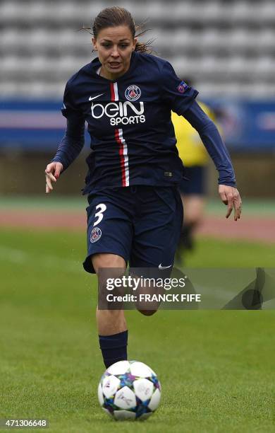 Paris Saint-Germain's French defender Laure Boulleau controls the ball during the UEFA Women's Champions League semi-final second leg football match...