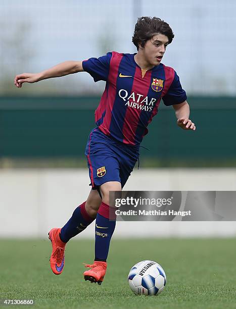 Pablo Moreno Taboada of Barcelona controls the ball during the Final of the Santander Cup for U13 teams between FC Barcelona and VfB Stuttgart at...