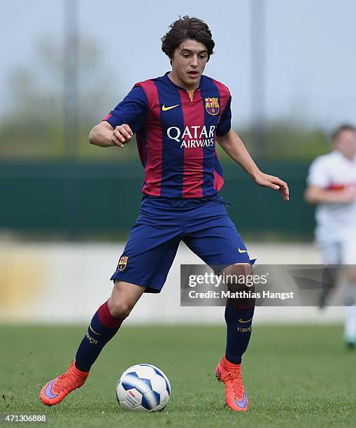 Pablo Moreno Taboada of Barcelona controls the ball during the Final of the Santander Cup for U13 teams between FC Barcelona and VfB Stuttgart at...