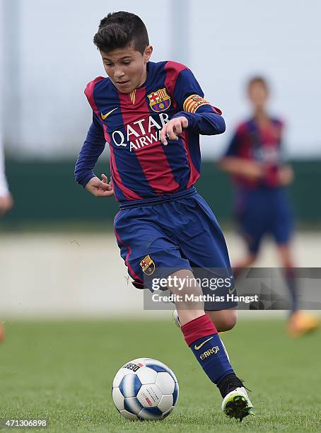 Albert Garrido Rubio of Barcelona controls the ball during the Final of the Santander Cup for U13 teams between FC Barcelona and VfB Stuttgart at...