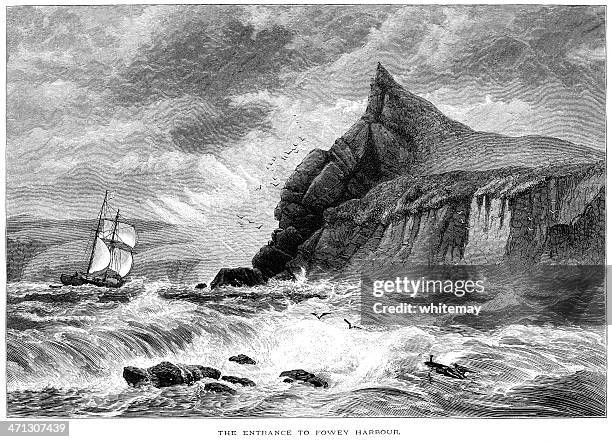 entrance to fowey harbour, cornwall (victorian engraving) - rocky ground drawing stock illustrations