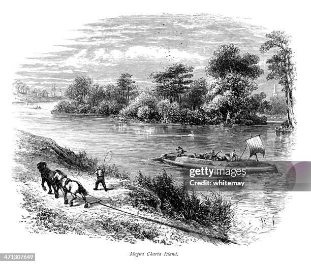 magna carta island in the river thames (victorian engraving) - tug barge stock illustrations