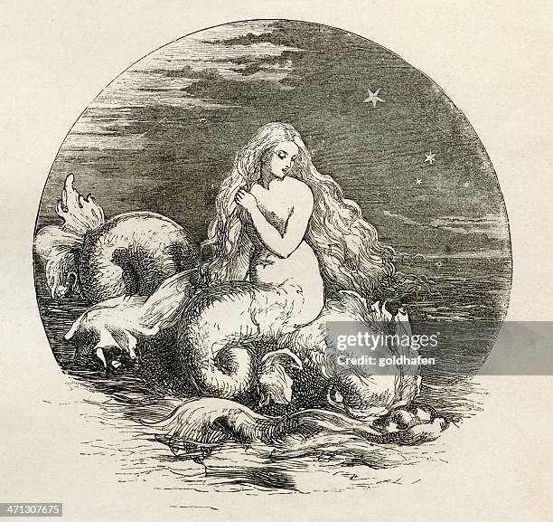 mermaid, nix, engraving - myths stock illustrations