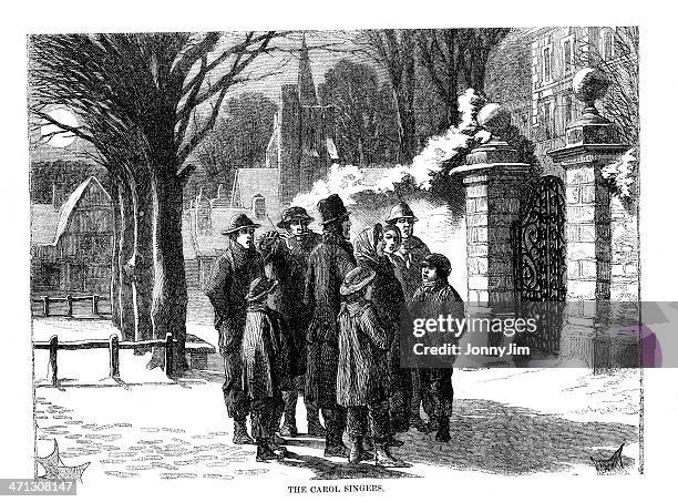 victorian carol singers in street engraving from 1864 magazine - carol singer stock illustrations