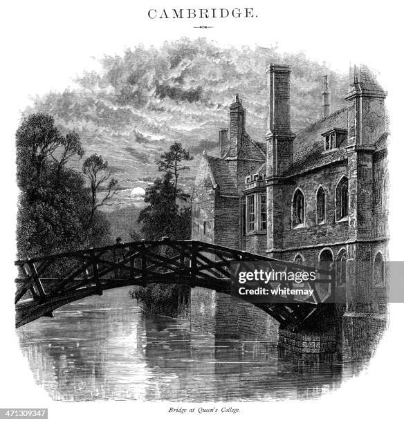 bridge over the river cam at night, queen's college, cambridge - cambridge bridge stock illustrations