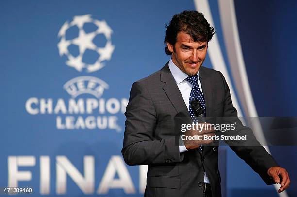 Karl-Heinz Riedle, UEFA Champions League final ambassador looks on during the UEFA Champions League Trophy handover ceremony at Rote Rathaus on April...