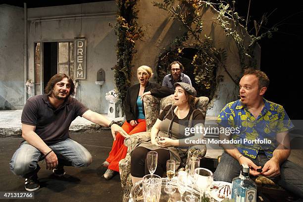 Alessandro Betti, Katia Follesa, Marco Silvestri, Maria Di Biase and Corrado Nuzzo, young Italian comic actors, on the stage during the rehearsal of...