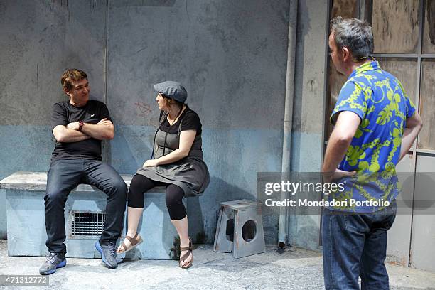 The Italian comic actor Gioele Dix, real name David Ottolenghi, seats on the stage together with Maria Di Biase and Corrado Nuzzo during the...