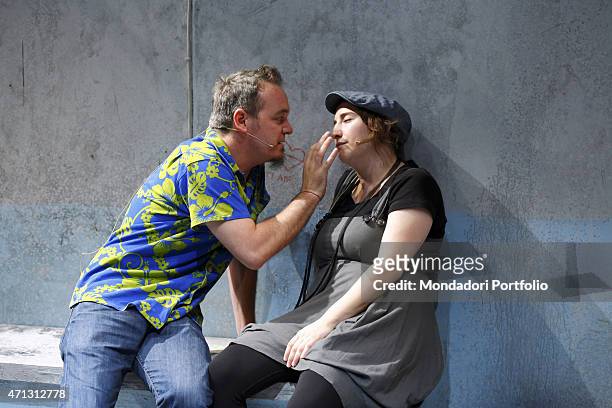 Corrado Nuzzo and Maria Di Biase, young comic actors of the Italian tv show Zelig, during the rehearsal of the comedy A Midsummer Night's Dream by...