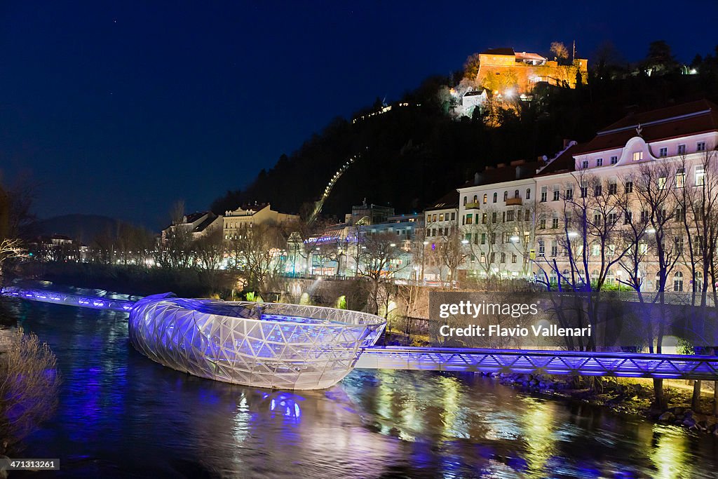 Murinsel at night, Graz