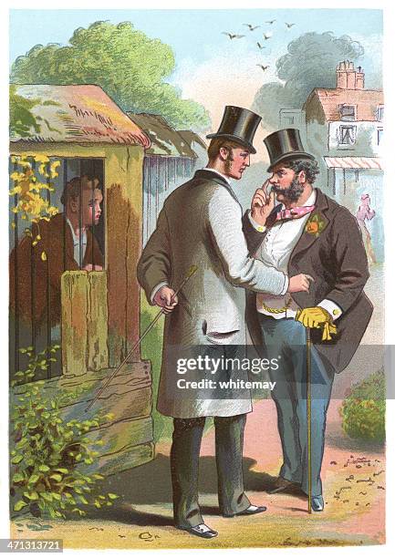 two victorian men talking mysteriously - two teens talking stock illustrations
