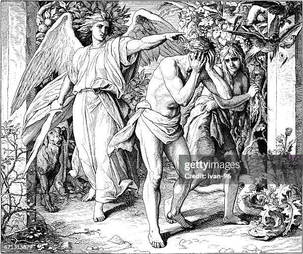 adam and eve ausgewiesen eden - adam bibelfigur stock-grafiken, -clipart, -cartoons und -symbole