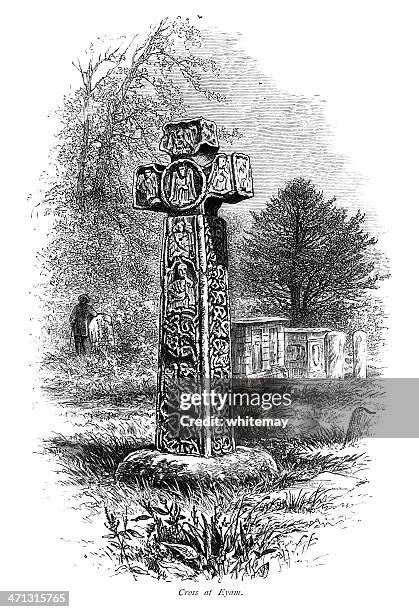 anglo-saxon cross at eyam, derbyshire - celtic cross stock illustrations