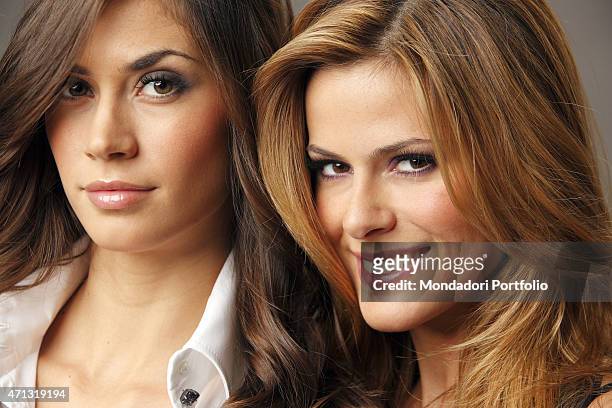 The showgirls and veline of the satyrical television newscast Striscia la notizia Thais Souza Wiggers and Melissa Satta posing for a photo shooting....