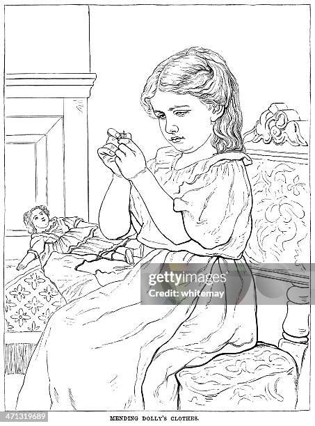 kleines mädchen im viktorianischen stil kleidung ausbesserungsdetails ihre doll's - mädchen sticken stock-grafiken, -clipart, -cartoons und -symbole