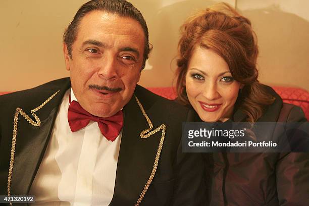 Close-up of Italian actors Nino Frassica and Milena Miconi posing while shooting on the set of the fiction 'Don Matteo 5' inside the municipal...