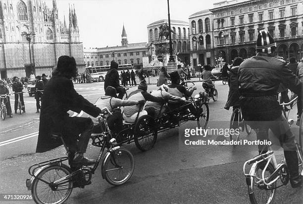 Many people opted to use bicycles because of the oil crisis, Milan, Italy, December 1973.