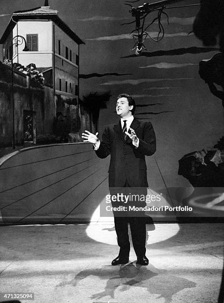 Italian singer-songwriter and actor Domenico Modugno performing at The Ed Sullivan Show. New York, 1958