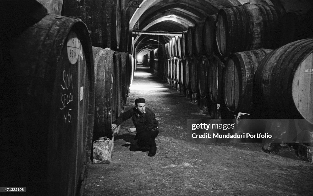 A man beside a barrel at the Florio wine cellar in Marsala