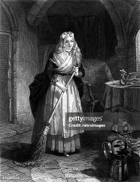 stockillustraties, clipart, cartoons en iconen met louis xvi and marie antoinette's daughter, prison cell, 1868 (illustration) - 19th century woman sweeping with a broom