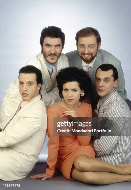 Italian band Matia Bazar posing on a photo set. The band is formed by Italian guitarist Carlo Marrale, Italian keyboard player Mauro Sabbione,...