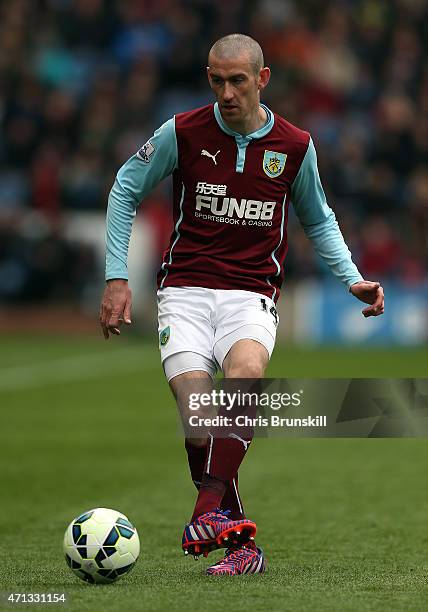 David Jones of Burnley in action during the Barclays Premier League match between Burnley and Leicester City at Turf Moor on April 25, 2015 in...