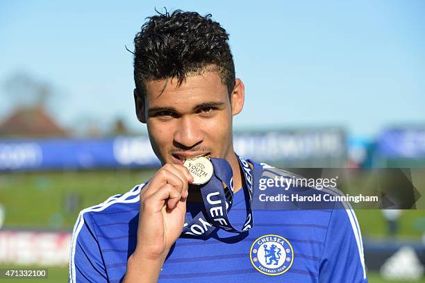 Dominic Solanke of Chelsea FC celebrates with his medal his victory after the UEFA Youth League final match between FC Shakhtar Donetsk and Chelsea...