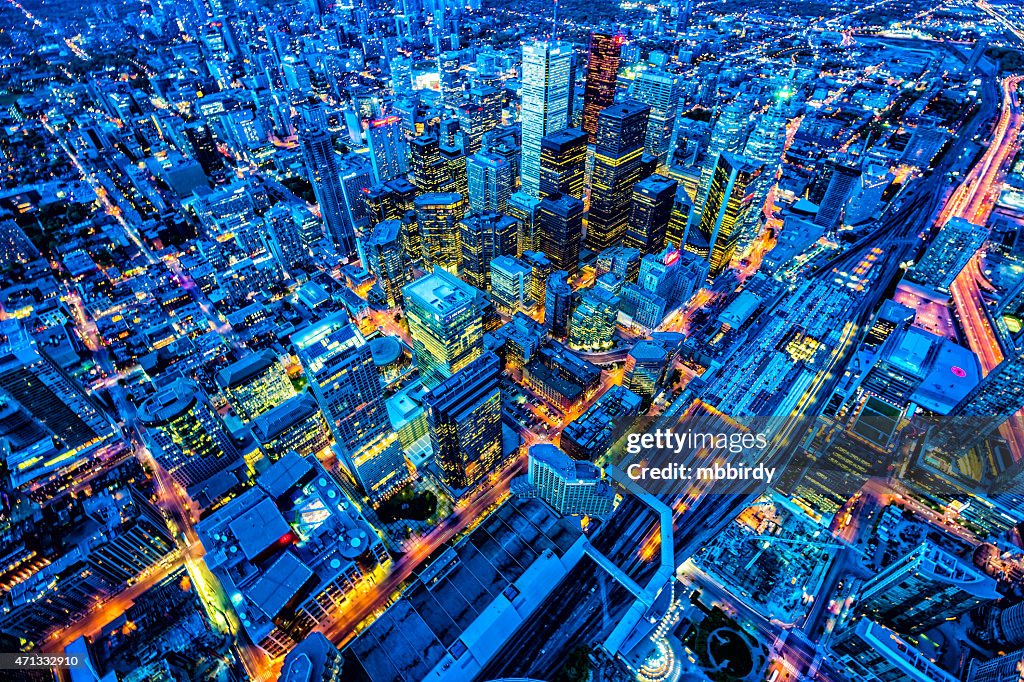 Toronto financial district cityscape at dusk