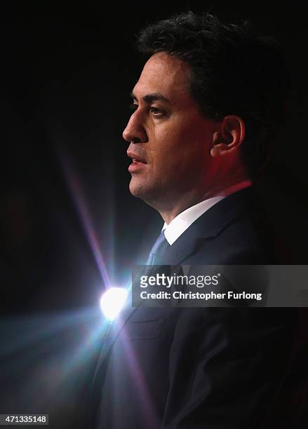 Labour Party leader Ed Miliband addresses supporters during a campaign visit to Stockton Arts Centre on April 27, 2015 in Stockton-on-Tees, England....