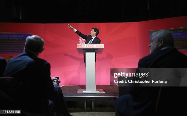 Labour Party leader Ed Miliband addresses supporters during a campaign visit to Stockton Arts Centre on April 27, 2015 in Stockton-on-Tees, England....