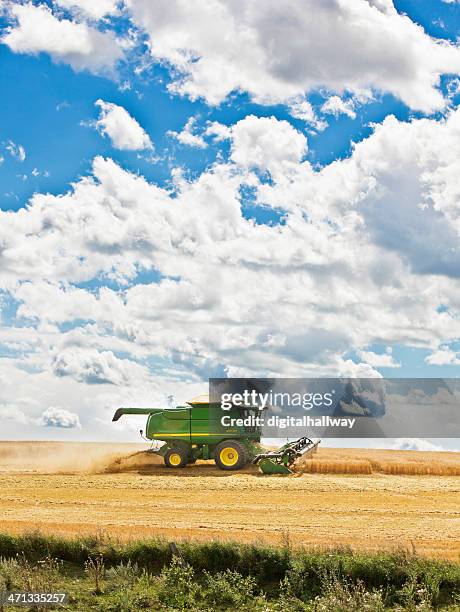 harvesting wheat in prairies canada - combine harvester stock pictures, royalty-free photos & images