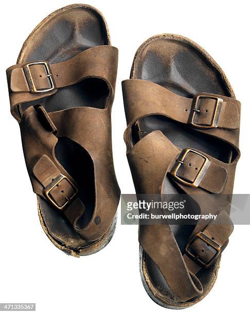 sandals on white - old shoes stock pictures, royalty-free photos & images