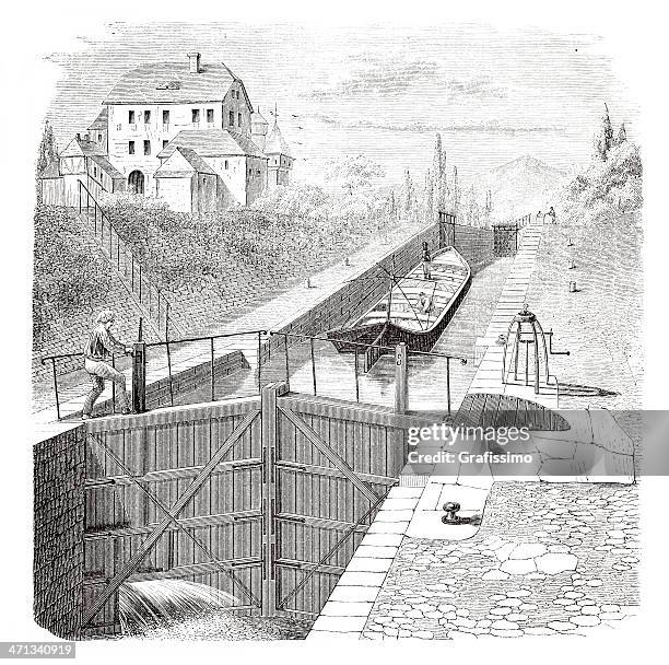engraving man opening sluice gate for ship from 1880 - harbour sluice gate stock illustrations